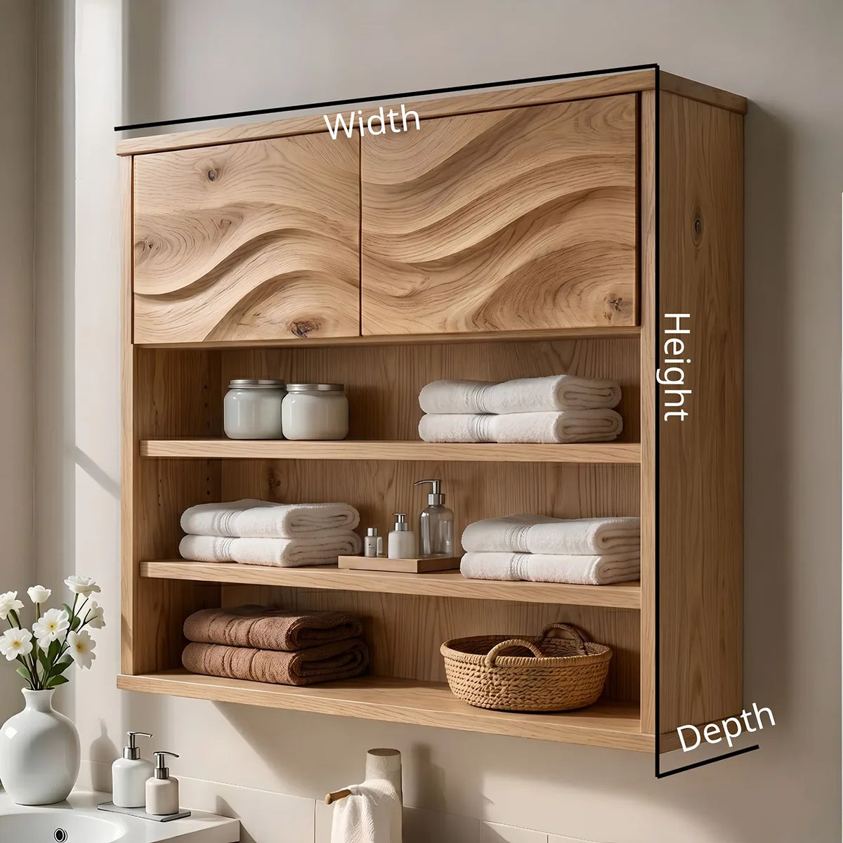 Solid Wood Wall Storage Cabinet Handcrafted Wave Panel Bathroom Cabinet