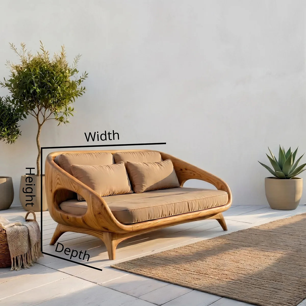 Luxury Organic Modern Outdoor Solid Wood Sofa with Sculptural Curves