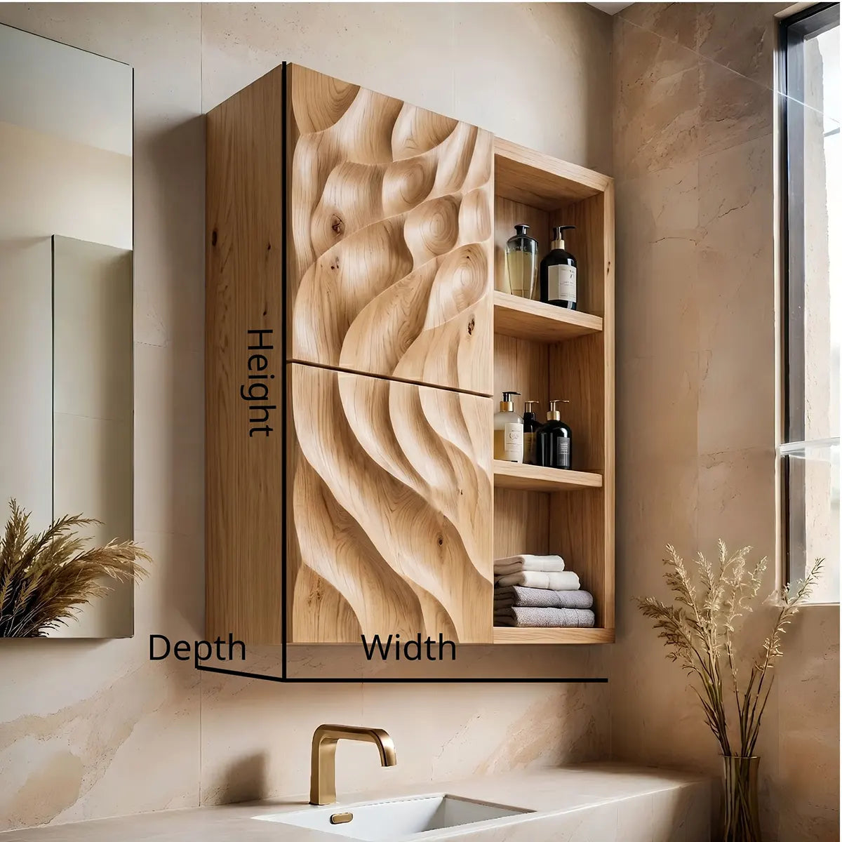 Handcrafted Solid Wood Bathroom Wall Cabinet with Sculpted Door and Open Shelves