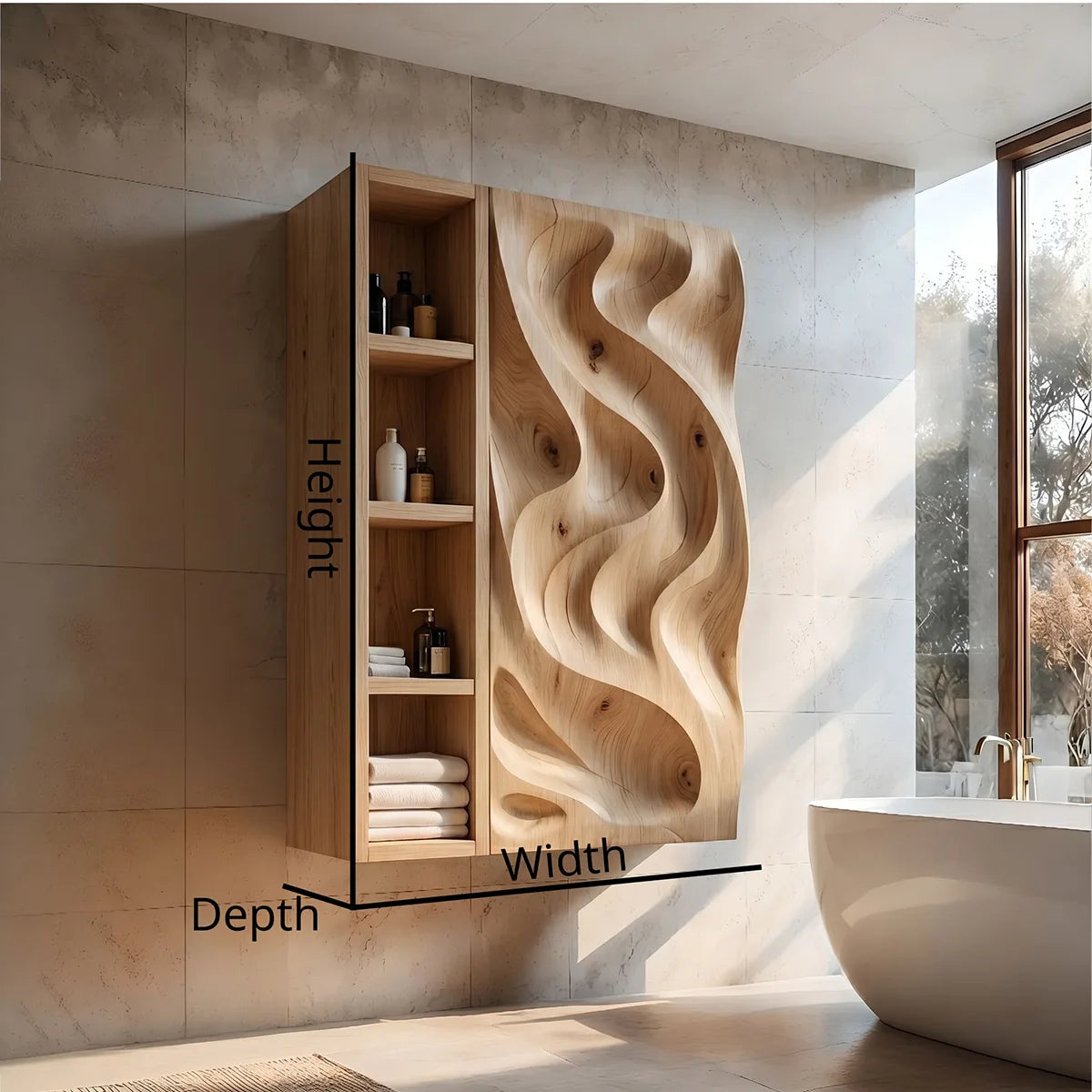Solid Wood Wall Storage Cabinet Handcrafted Carved Wave Bathroom Cabinet