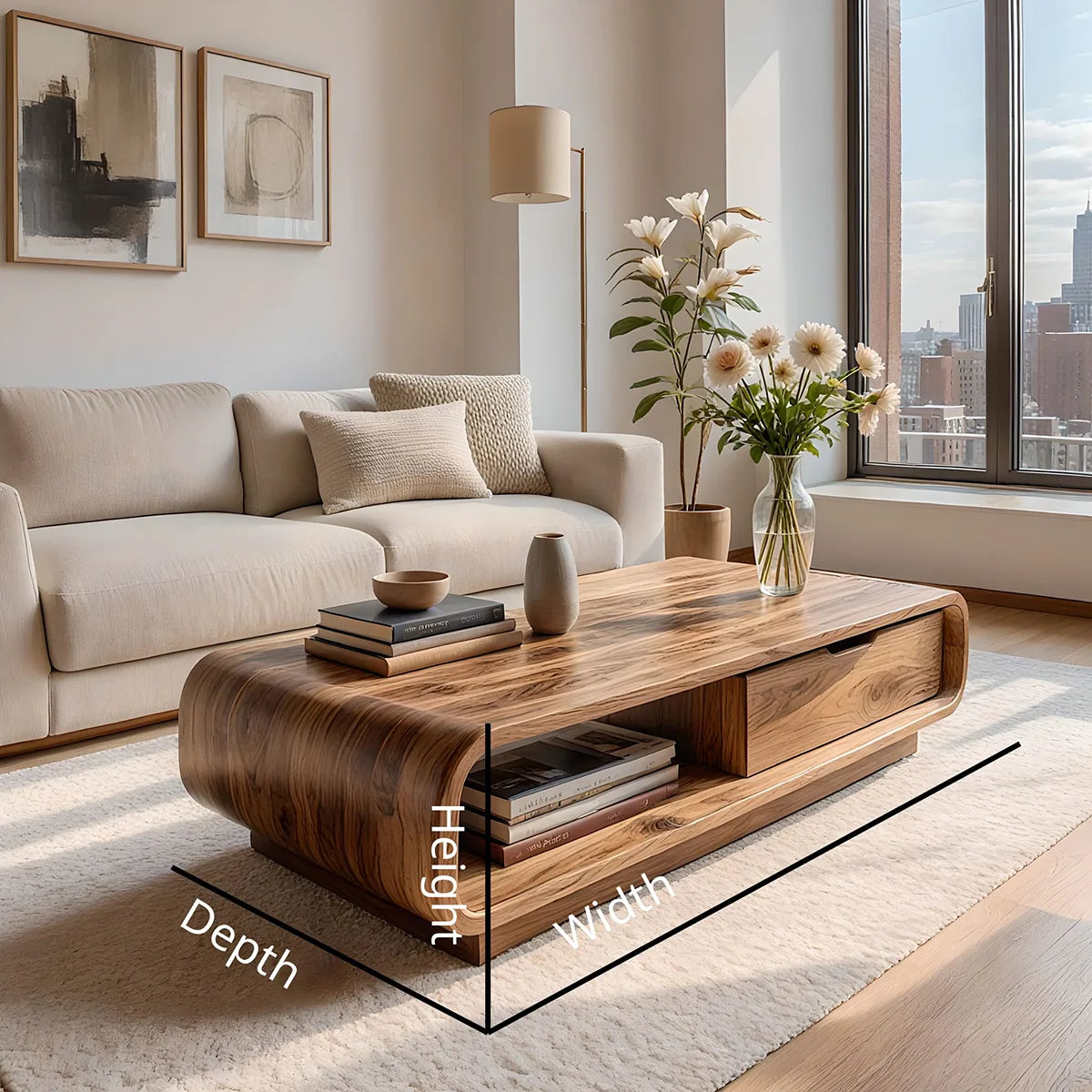 Modern Solid Wood Curved Coffee Table with Storage Drawer and Shelf