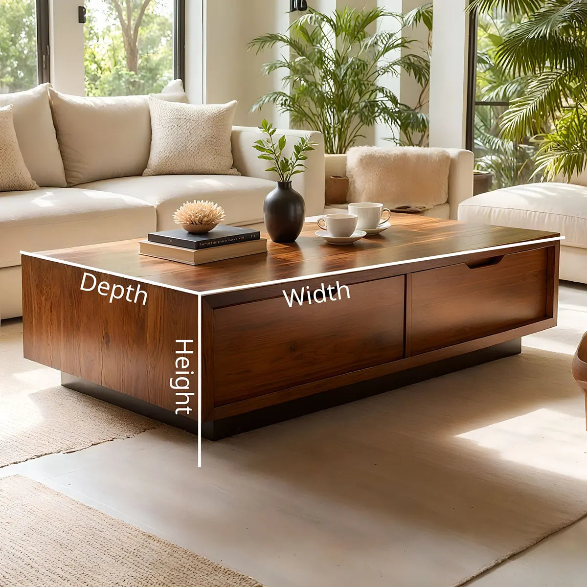 Modern Solid Wood Coffee Table with Large Dual Storage Drawers