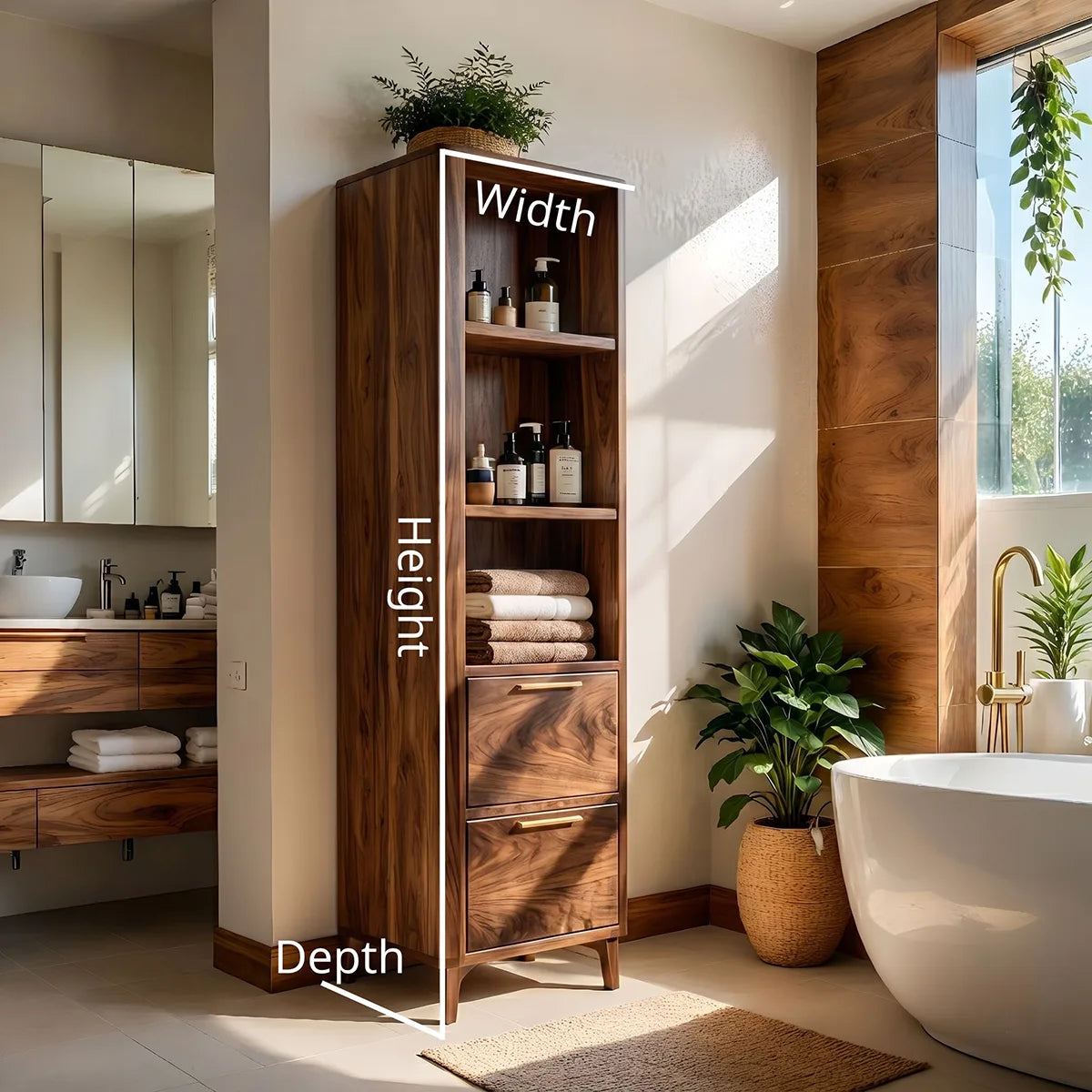Tall Solid Wood Bathroom Storage Cabinet with Shelves