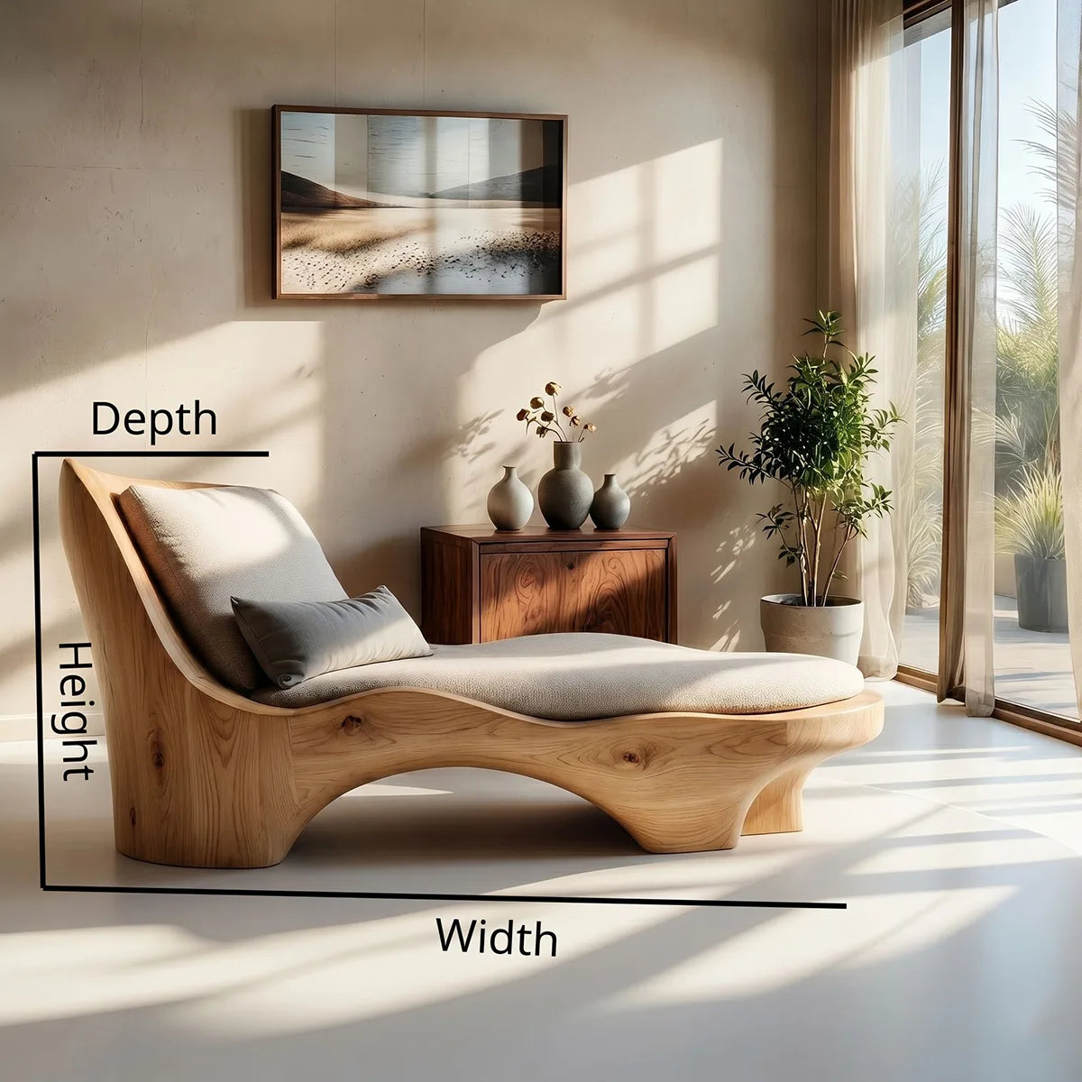 Luxury Organic Modern Solid Wood Chaise Lounge with Sculptural Form