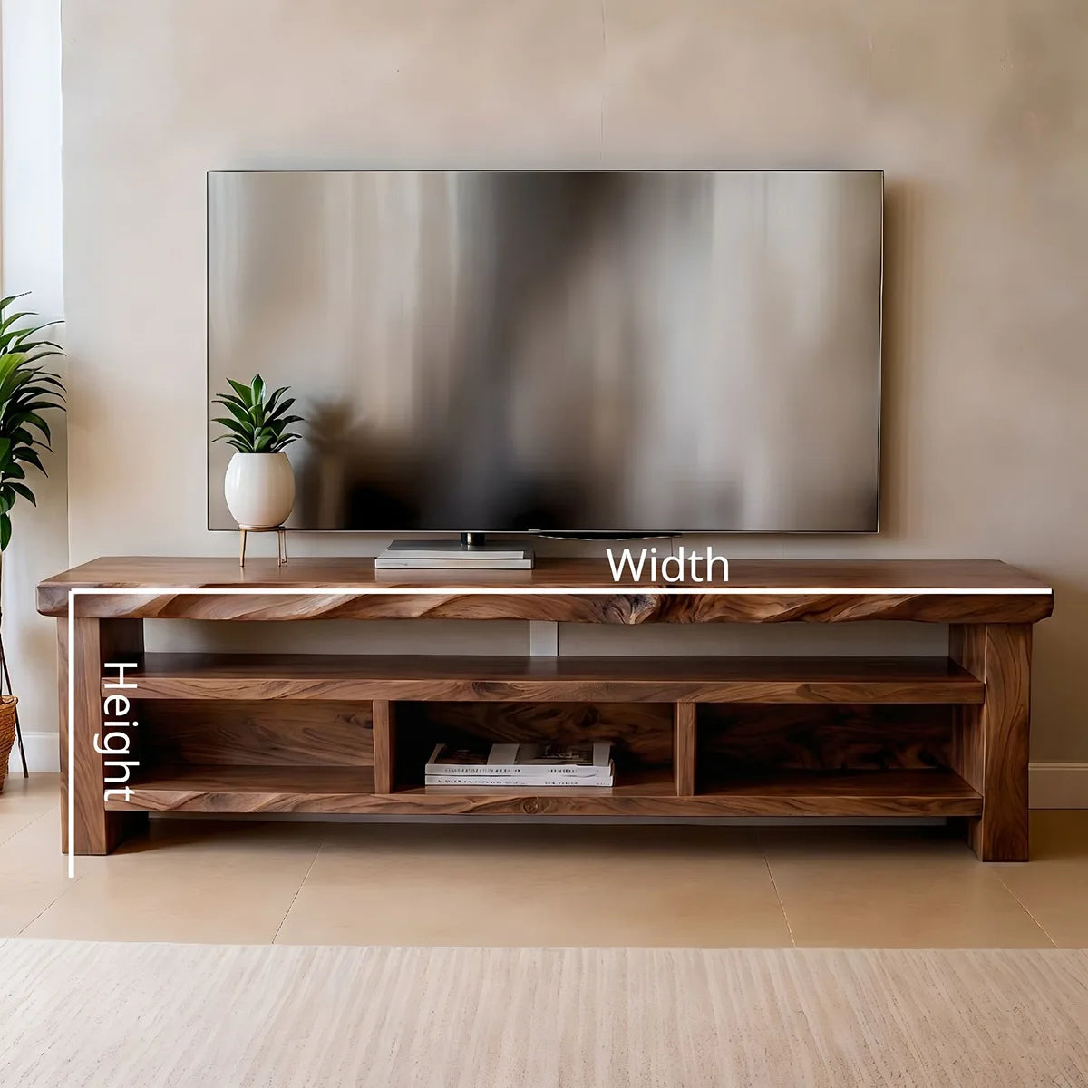 Modern Solid Wood Open TV Stand with Wavy Carved Edge
