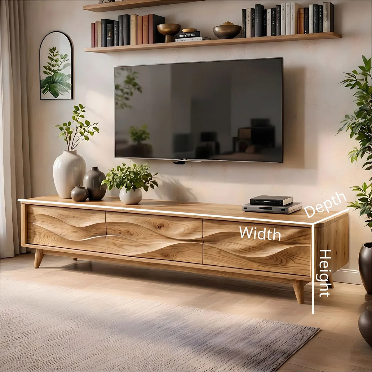 Mid Century Modern Solid Wood 3 Door Wavy Carved TV Stand
