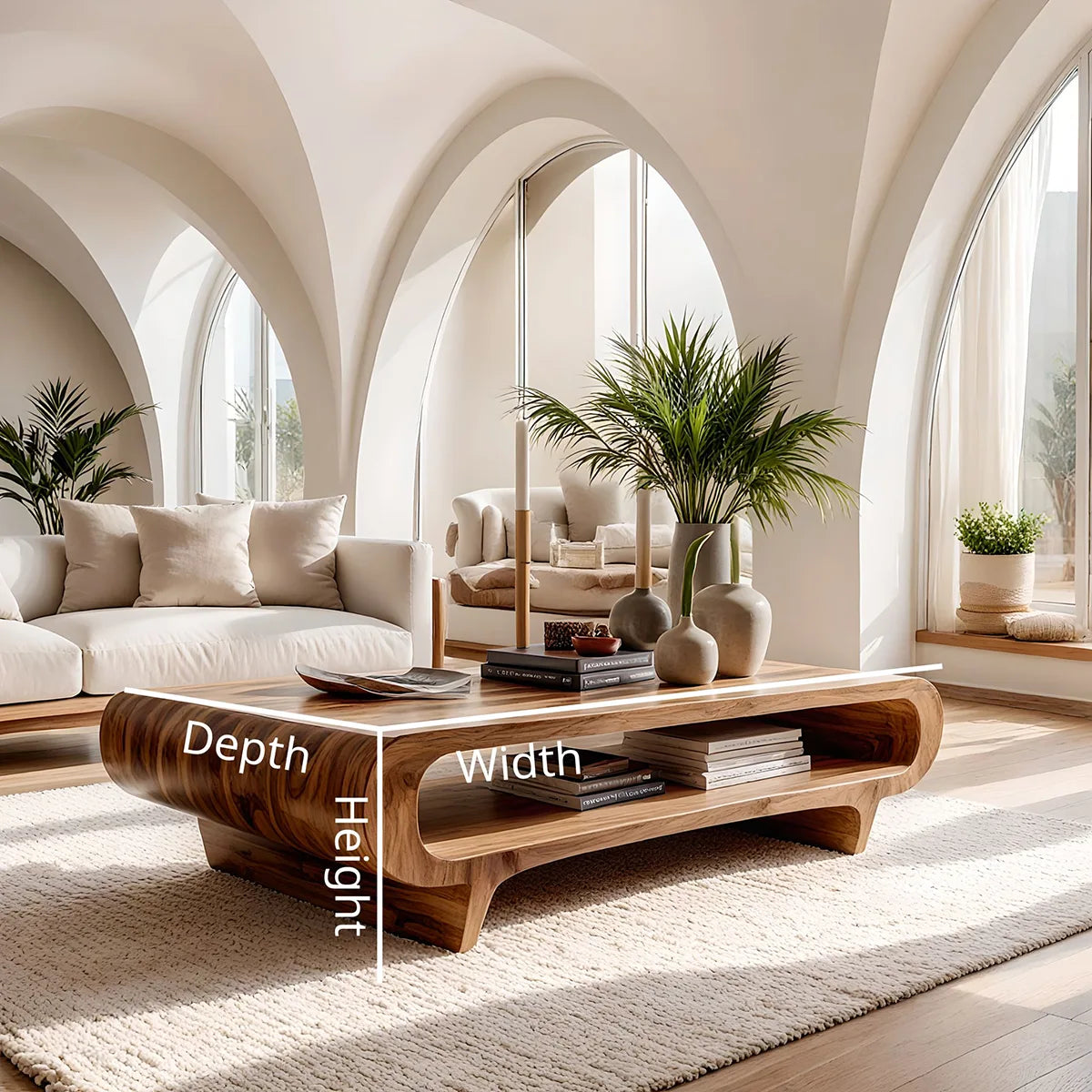 Handcrafted Solid Wood Coffee Table with Oval Silhouette and Open Storage