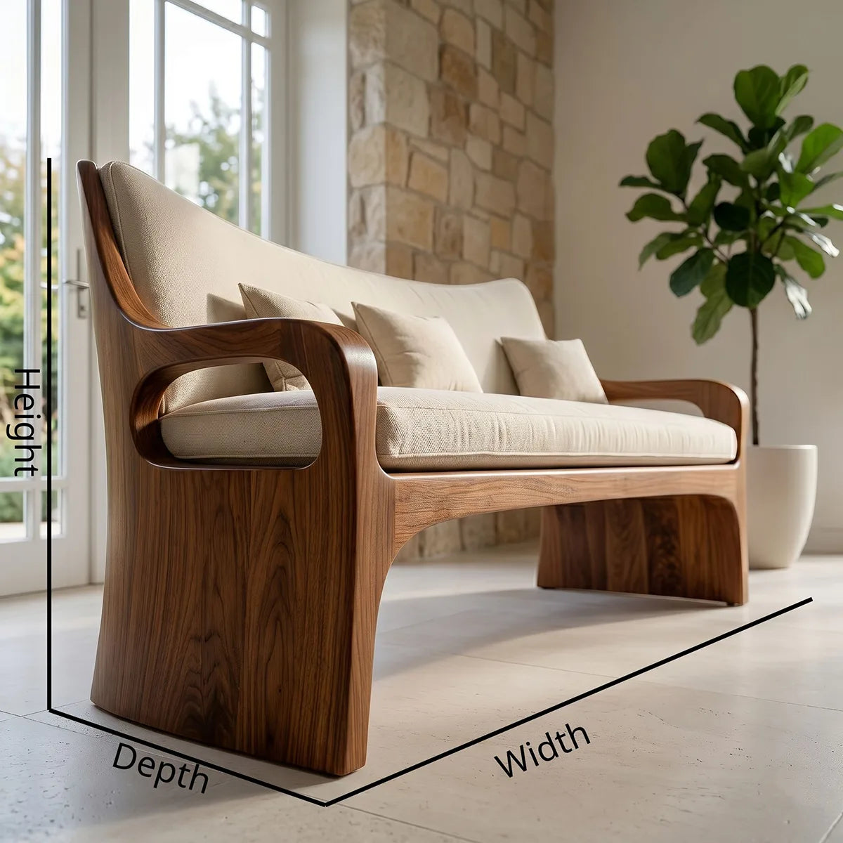 Modern Organic Wooden Sofa with Sculpted Curved Frame Design