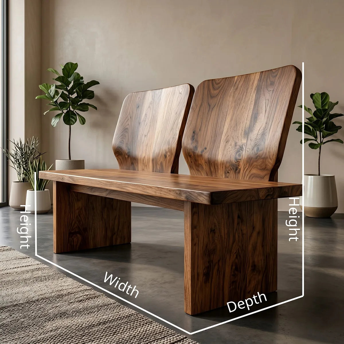 Solid Wood Double Back Dining Bench with Sculptural Artisan Design