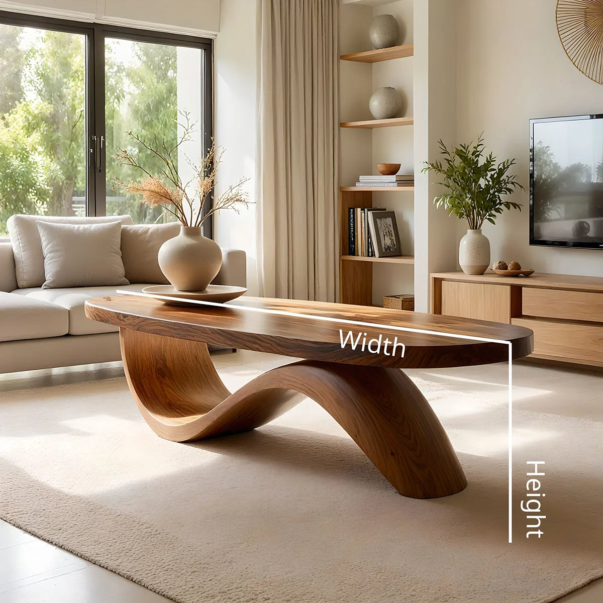 Modern Solid Wood Coffee Table with Artistic Wave Design