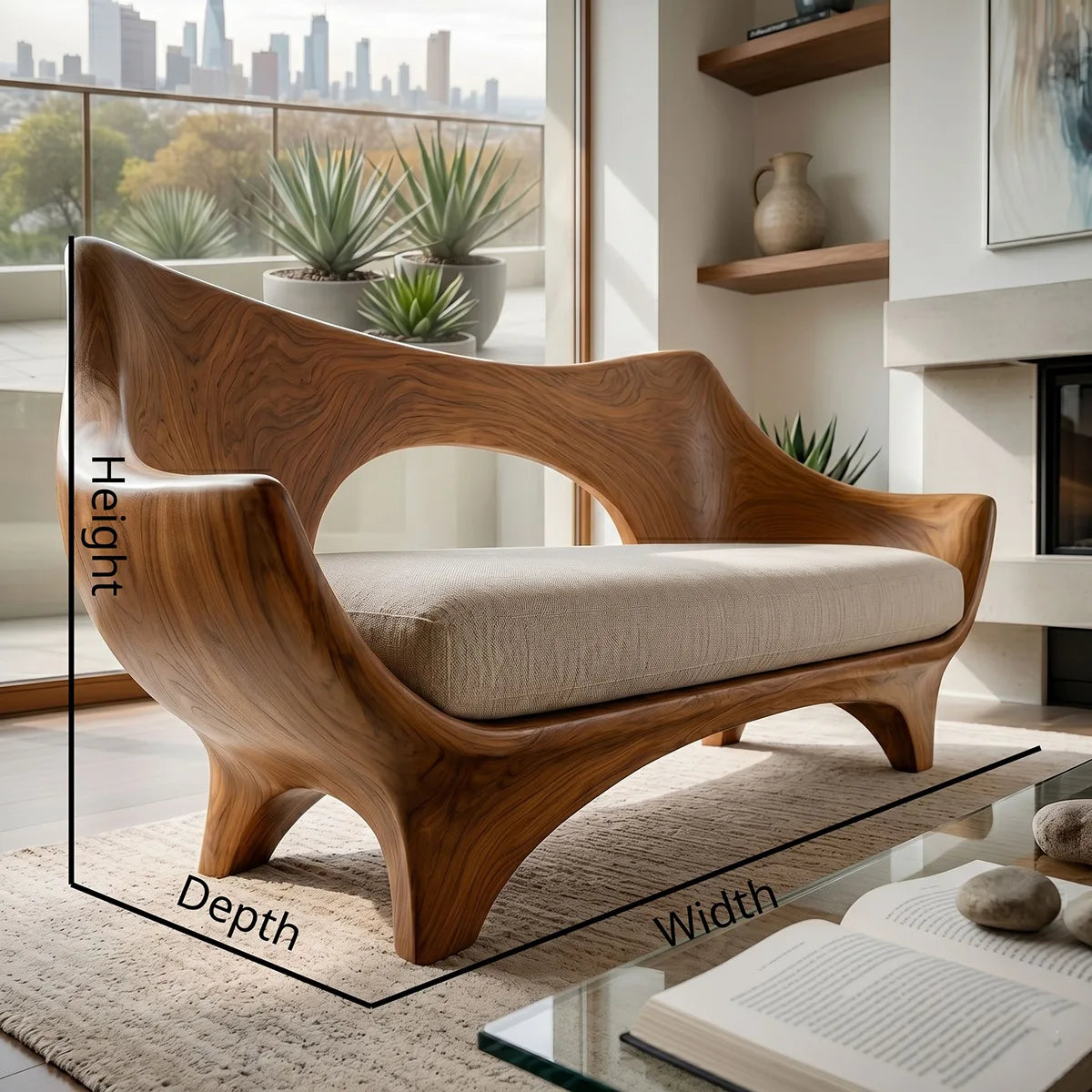 Luxury Organic Modern Wooden Sofa with Sculptural Curved Silhouette