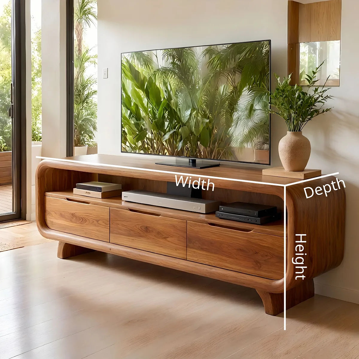 Modern Solid Wood Rounded TV Stand with Three Drawer Storage