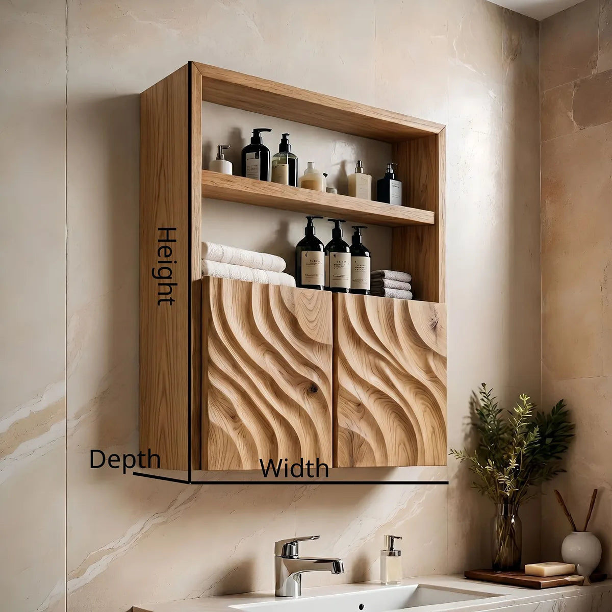 Solid Wood Wall Cabinet Handcrafted Wave Front Bathroom Storage Cabinet