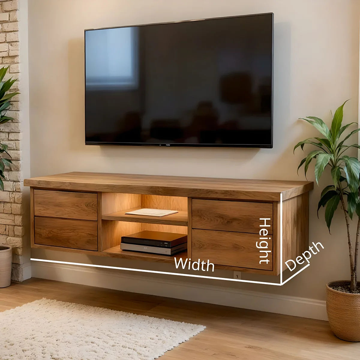 Modern Solid Wood Floating TV Stand with Integrated Lighting