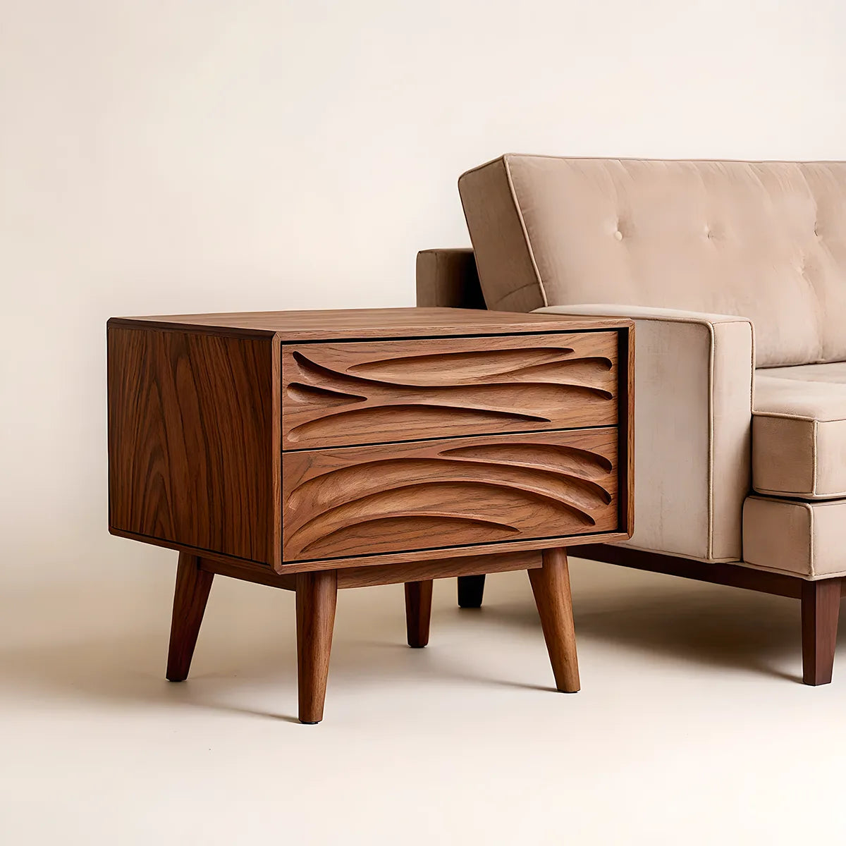 Modern Solid Wood End Table | Mid Century Side Table with 2 Carved Storage Drawers TH003-8695