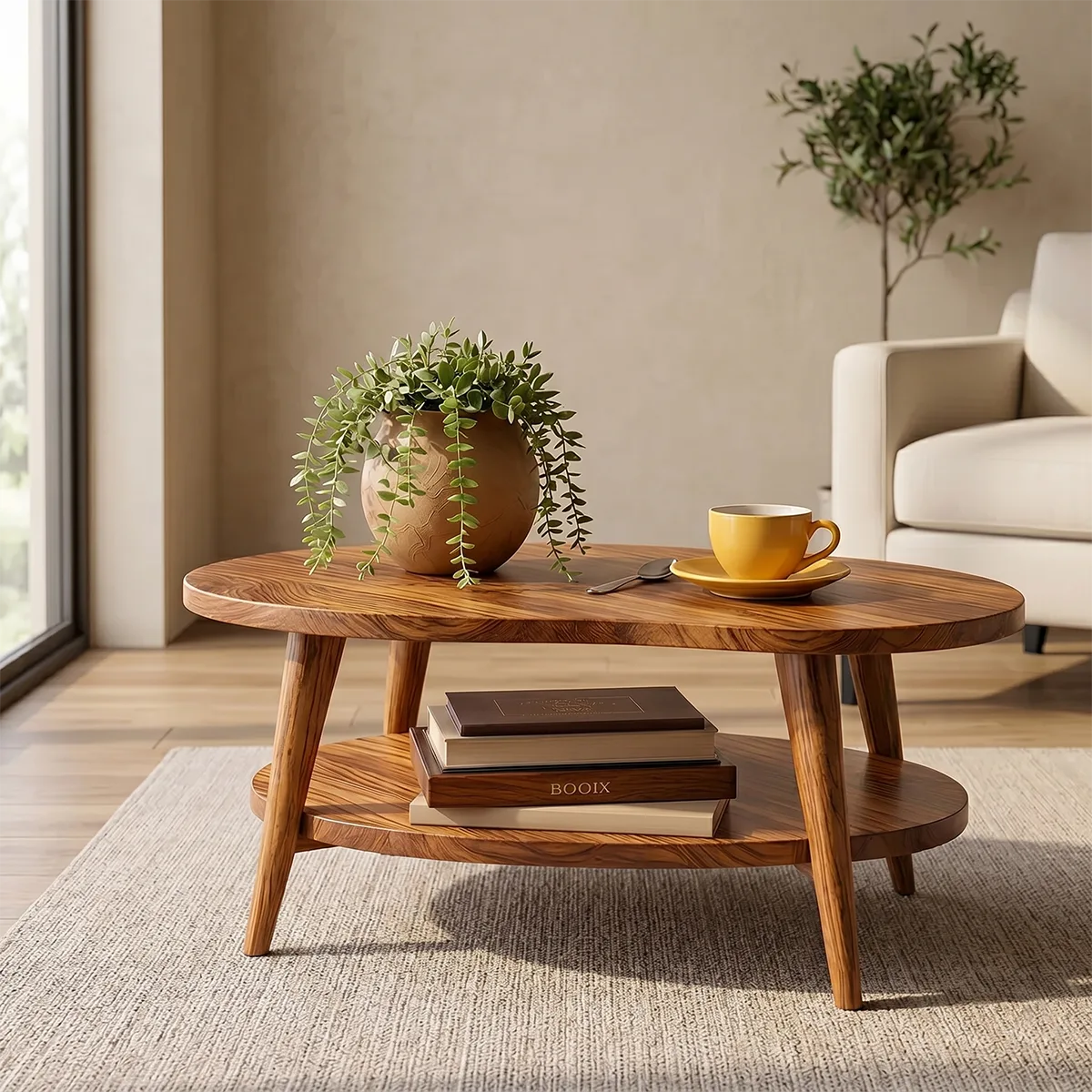 Mid Century Modern Solid Wood Two Tier Oval Coffee Table