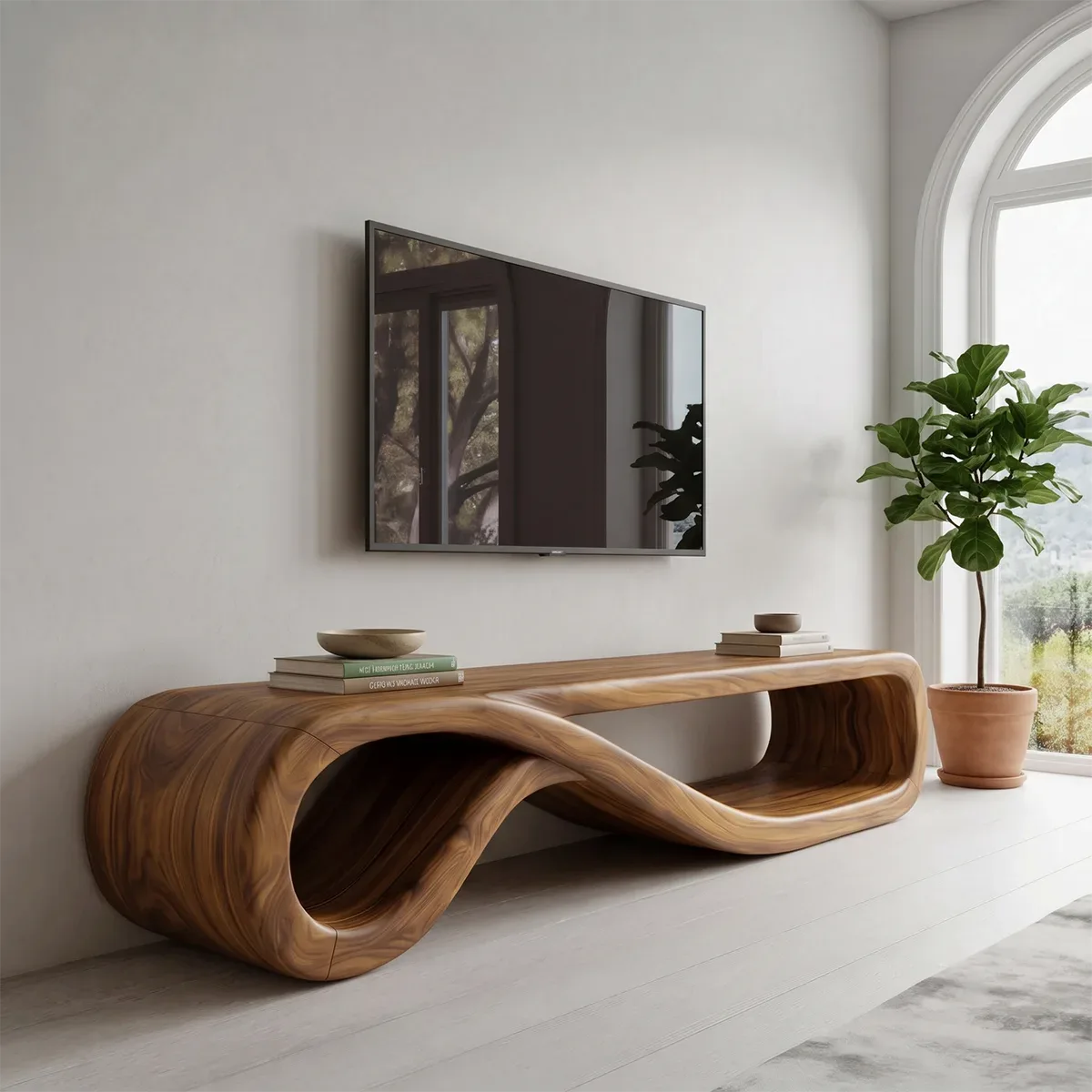 Sculptural Curved TV Stand with Open Storage | Modern Low Profile Entertainment Console TH003-7MDL5CO