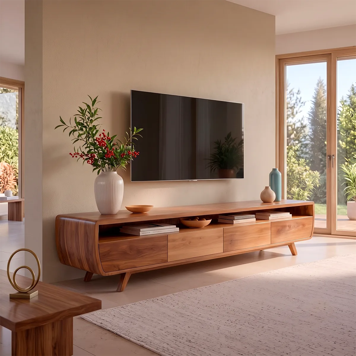 Modern Curved TV Stand with 4 Enclosed Storage Compartments & Open Media Shelf TT006-3ZIP1NK