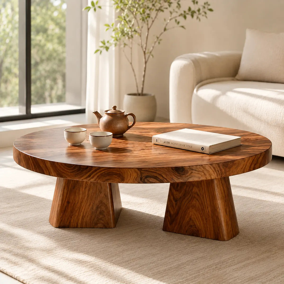 Round Solid Wood Coffee Table | Modern Hardwood Cocktail Table with Sculptural Pedestal Base TT006-5916