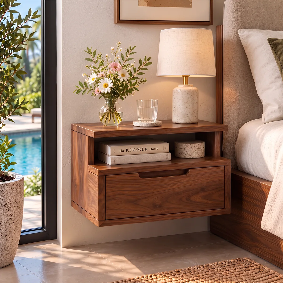 Modern Floating Nightstand with Drawer & Open Shelf | Wall Mounted Bedside Table HG021-3IPF7JJ