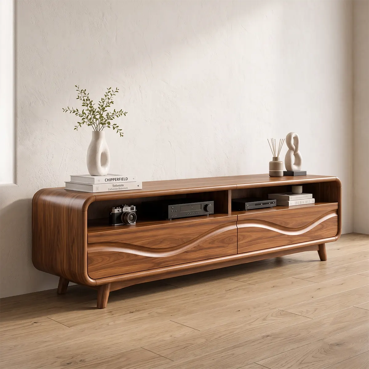 Modern TV Stand with 2 Open Shelves & Enclosed Storage | Sculptural Curved Media Console TT006-5OJR9XY