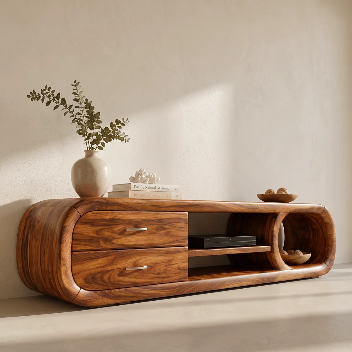 Modern Curved TV Stand with 2 Drawers & 3 Open Storage Areas TT006-8EDM7QK