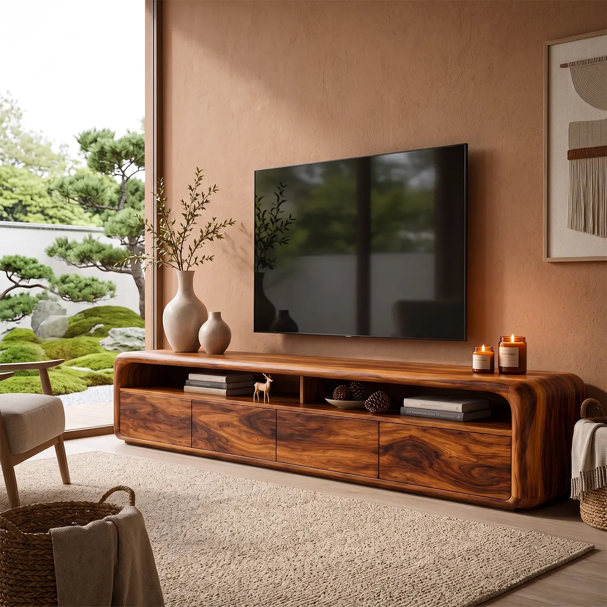 Modern Curved TV Stand with 4 Enclosed Storage Compartments & Open Shelves TT006-5AFF2JH
