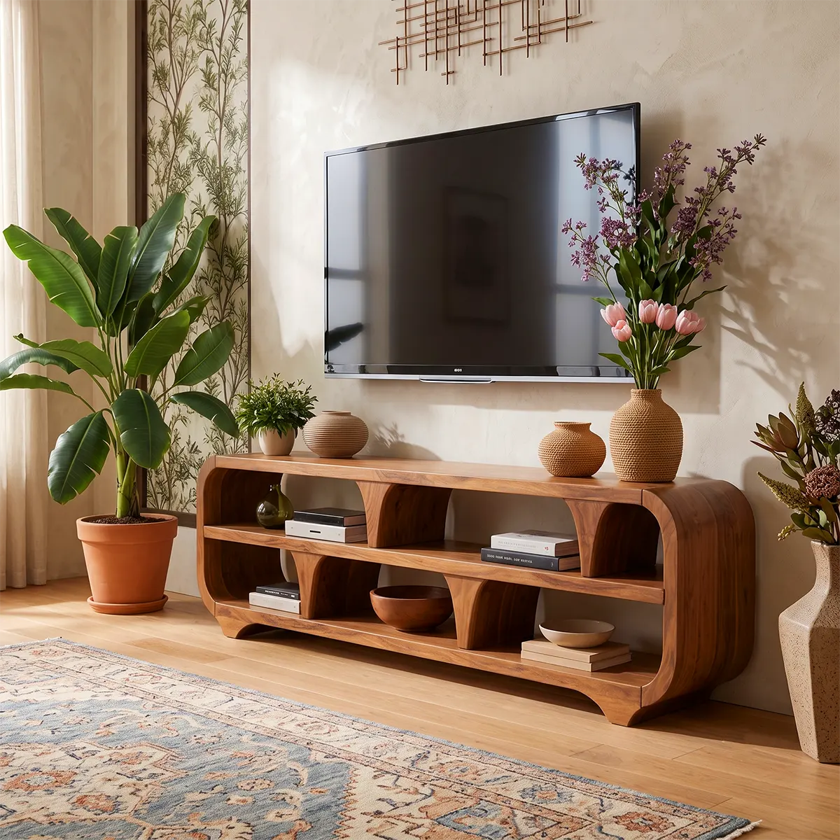 Modern Open Shelf TV Stand with Sculptural Curved Design | Organic Media Console TT006-6RPU8SU