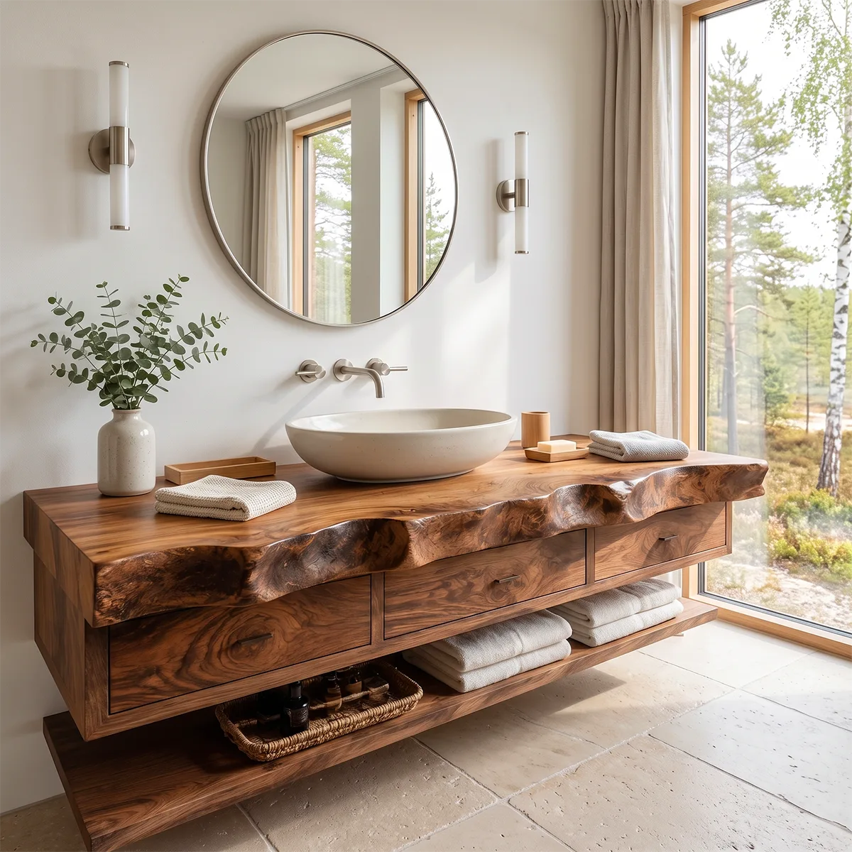 Floating Bathroom Vanity with 3 Drawers & Lower Shelf | Organic Edge Modern Vanity TT006-3IEZ4XF