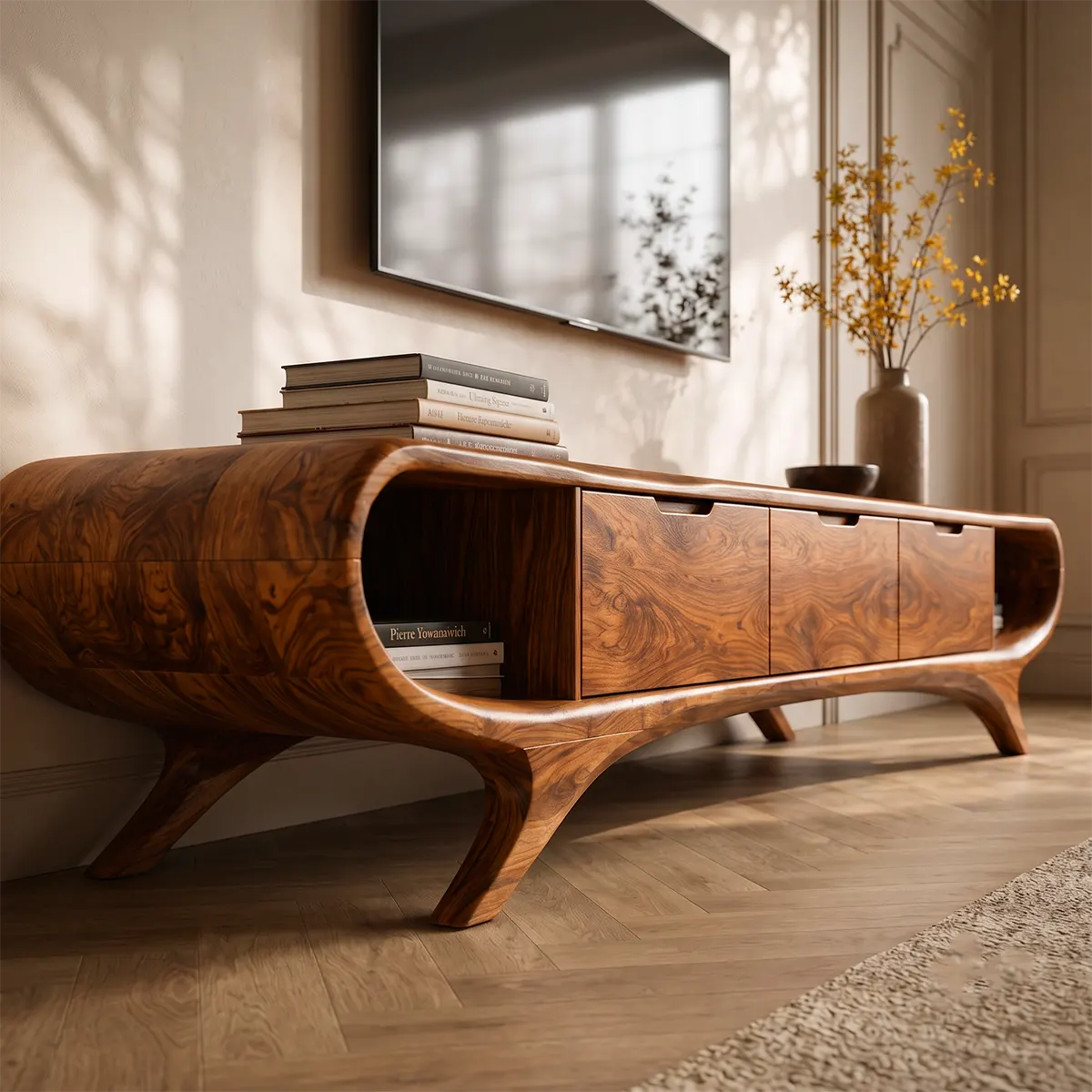 Modern Curved TV Stand with 3 Drawers & 2 Open Side Compartments TT006-3IYZ7XH