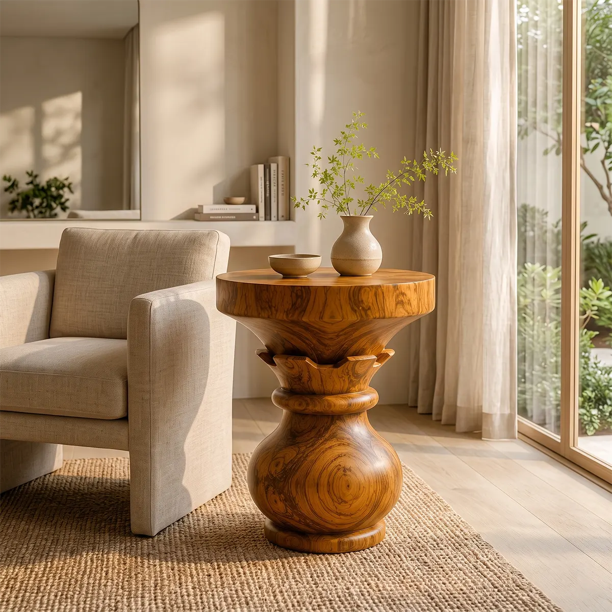 Sculptural Lotus Pedestal Wood End Table | Round Statement Side Table TT006-6BCF9JT