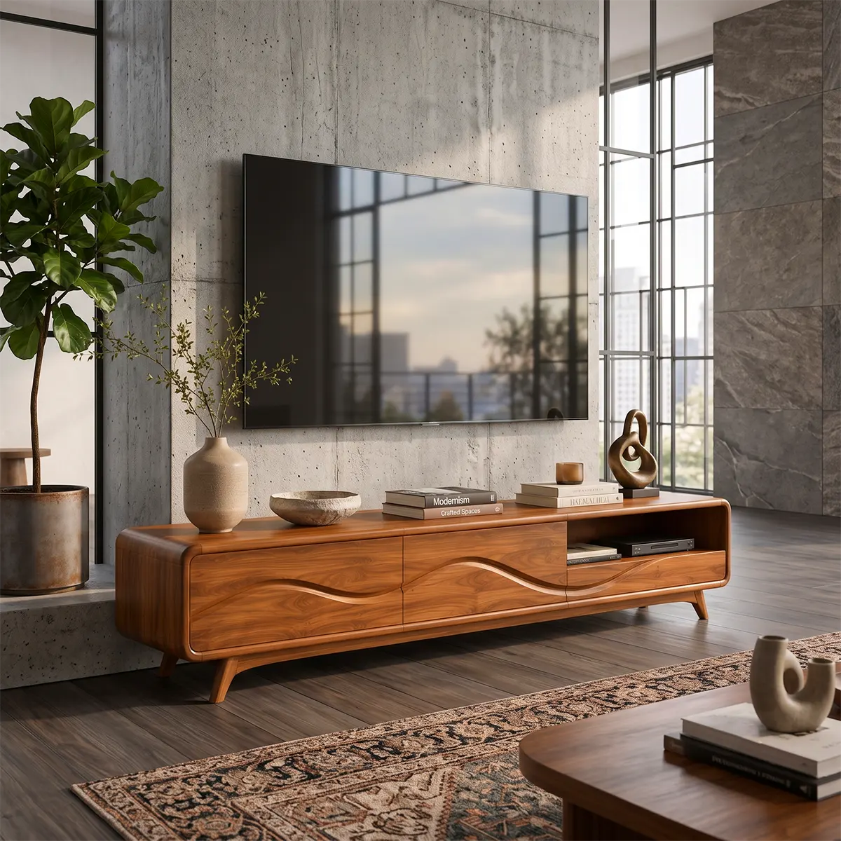 Modern TV Stand with 2 Enclosed Cabinets & Open Storage | Sculpted Wave Media Console TT006-9ORW3JY