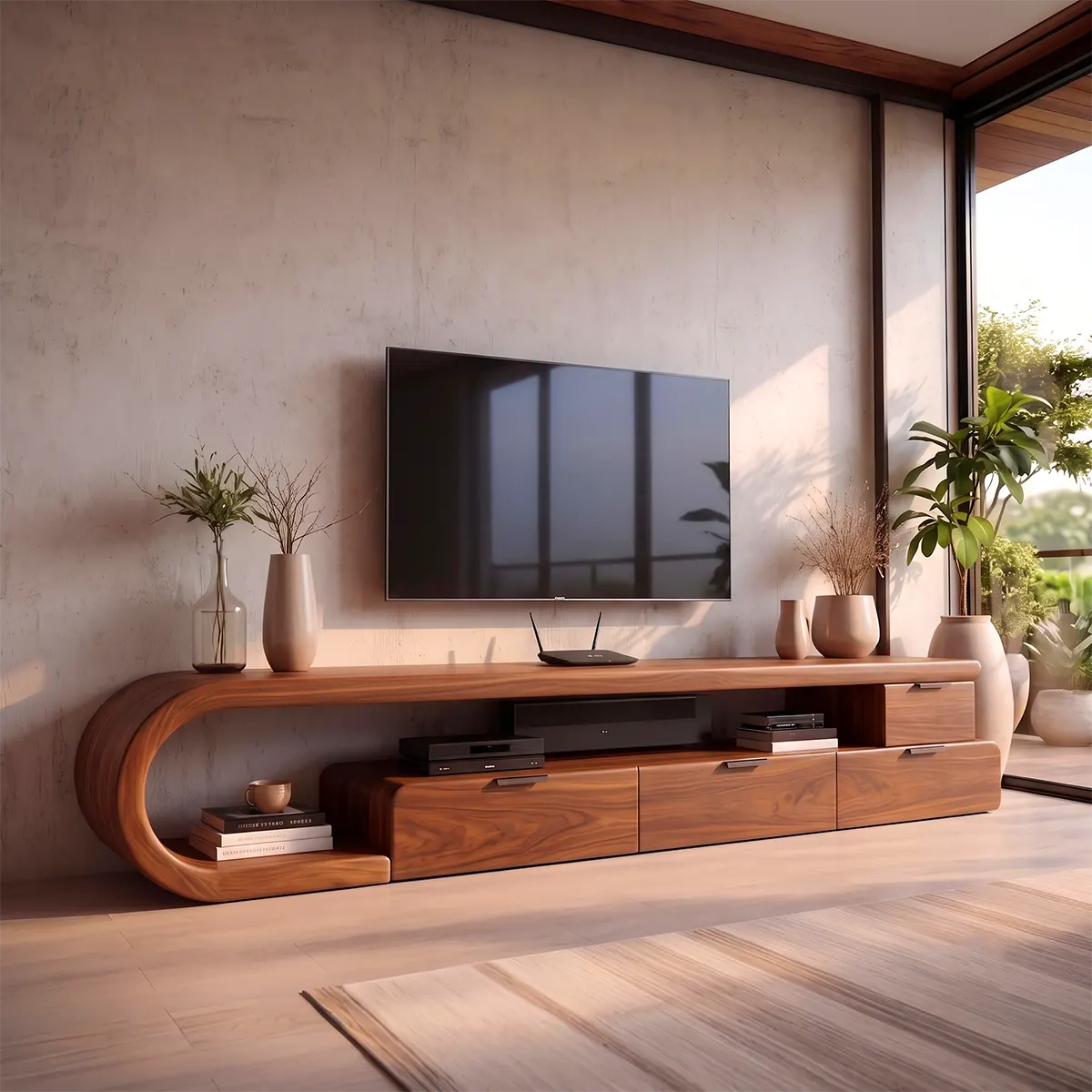 Sculptural Curved TV Stand with 4 Drawers & Open Media Storage | Modern Low Profile Entertainment Console TT006-1HJE1KP
