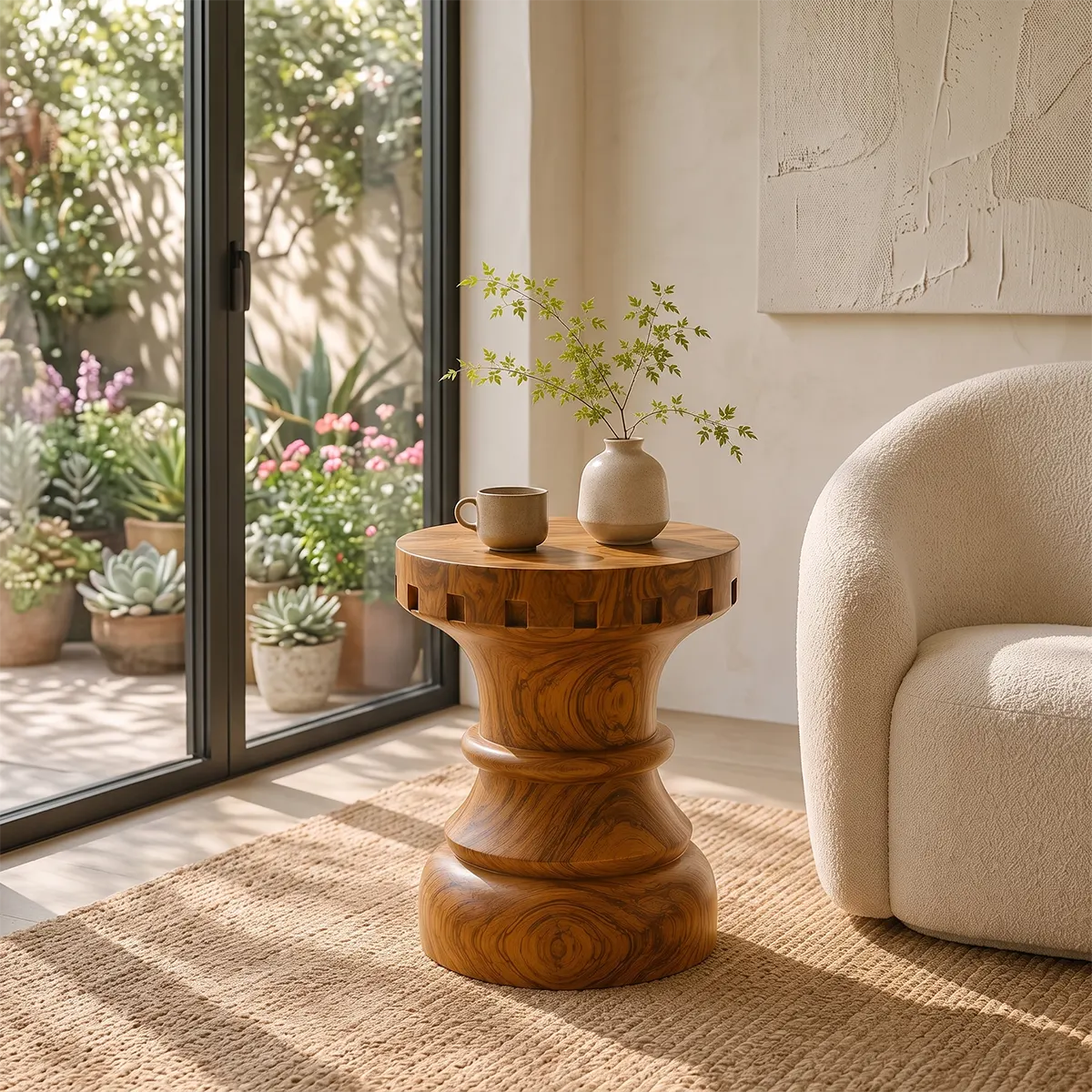 Sculptural Square Notch Wood End Table | Round Turned Pedestal Side Table TT006-7CML8BQ