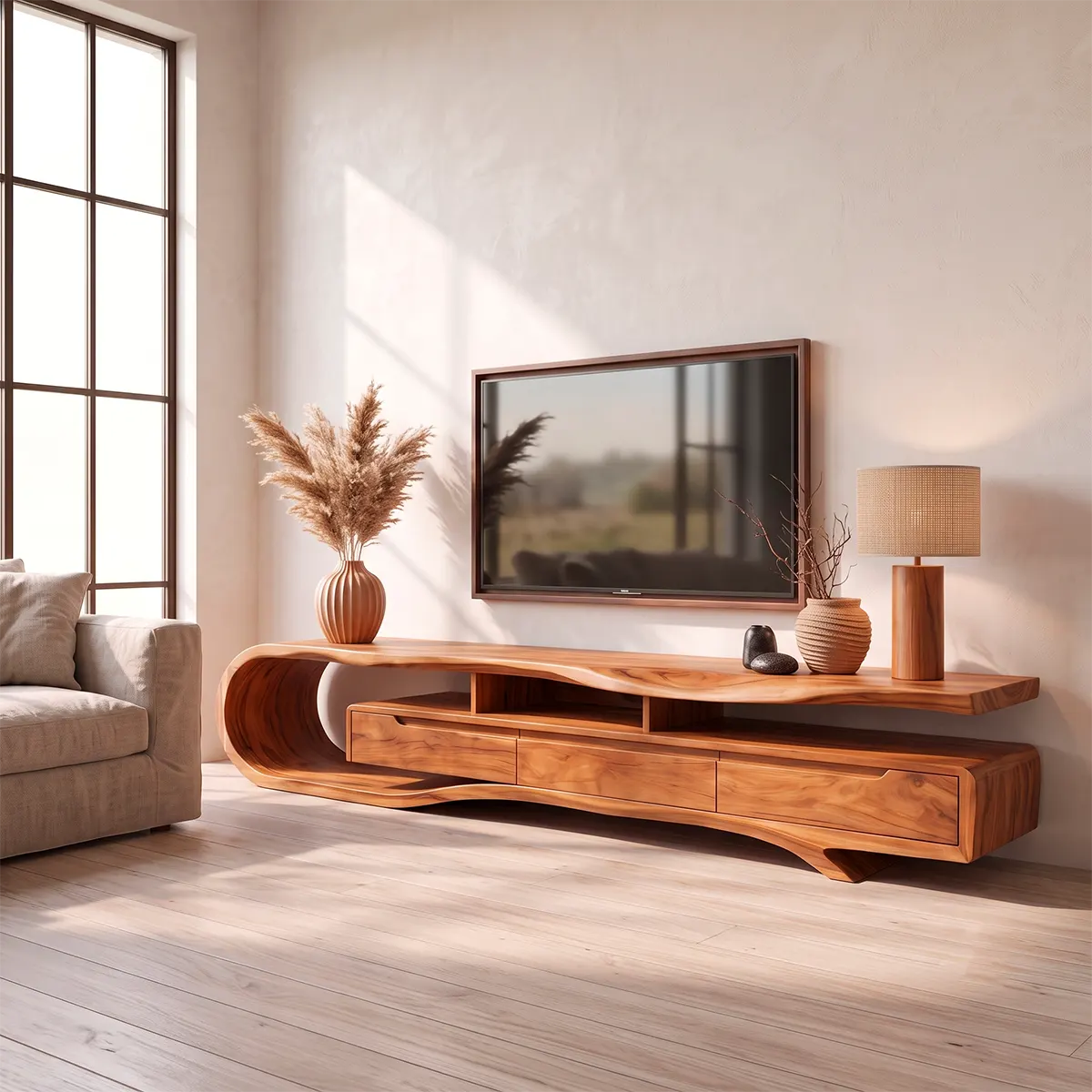 Sculptural Curved TV Stand with 3 Drawers & Open Storage | Modern Low Profile Media Console TT006-4OMT8HH