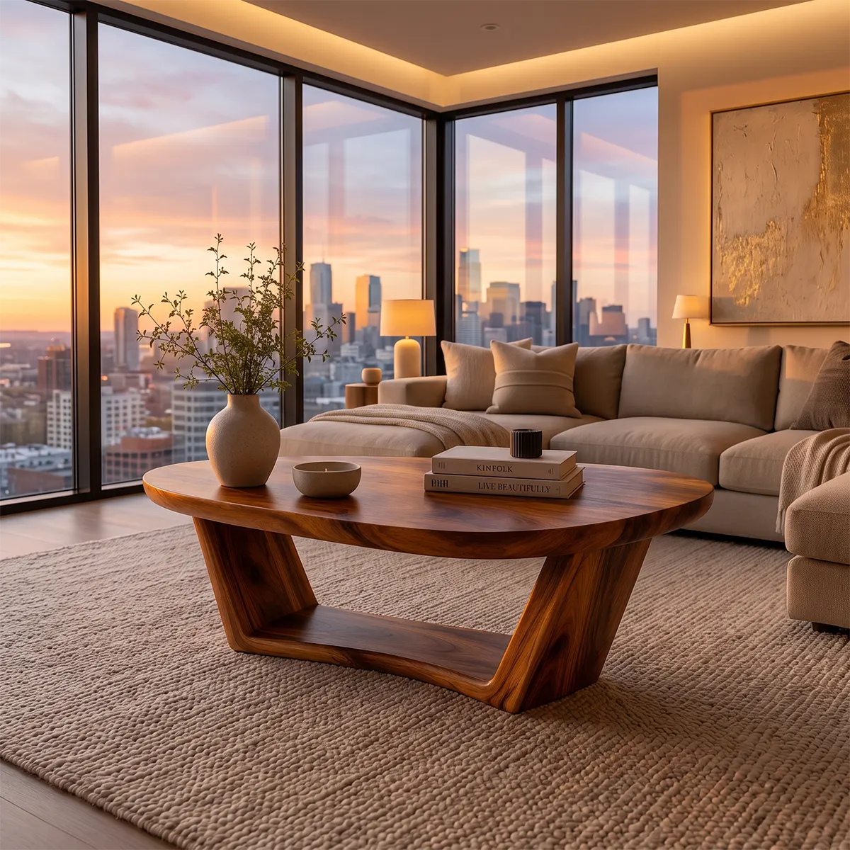 Organic Rounded Coffee Table with Open Lower Shelf | Modern Living Room Center Table TT006-8OJQ3US