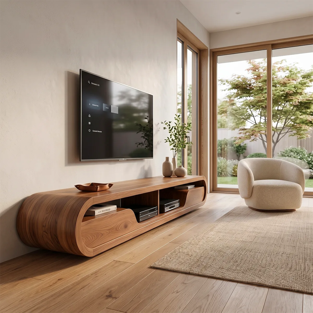 Modern Curved TV Stand with 2 Open Media Compartments | Sculptural Low Profile Console TT006-4KOT9JE