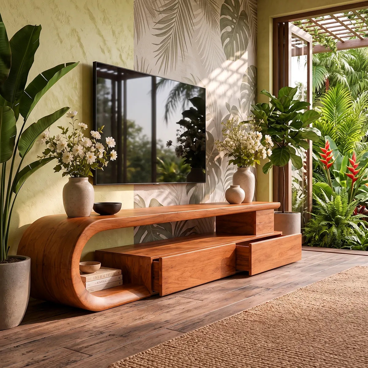 Sculptural Curved TV Stand with 3 Drawers & Open Shelving | Modern Low Profile Media Console TT006-6ELT4UJ