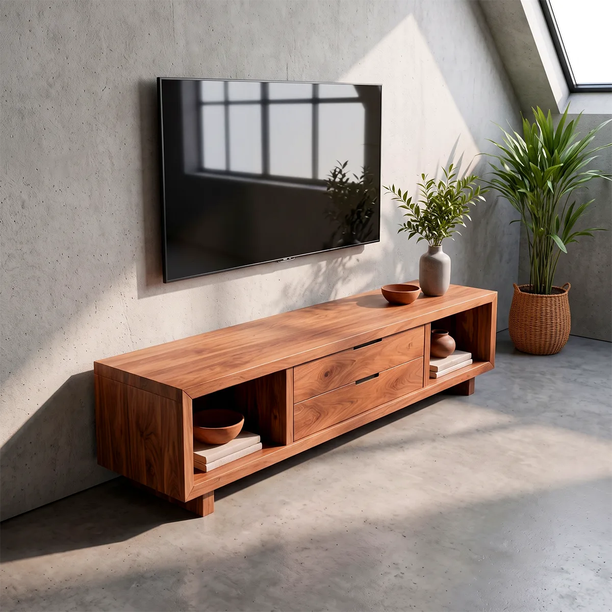 Modern TV Stand with 2 Drawers & 2 Open Storage Compartments | Low Profile Media Console TT006-9TIA4NA
