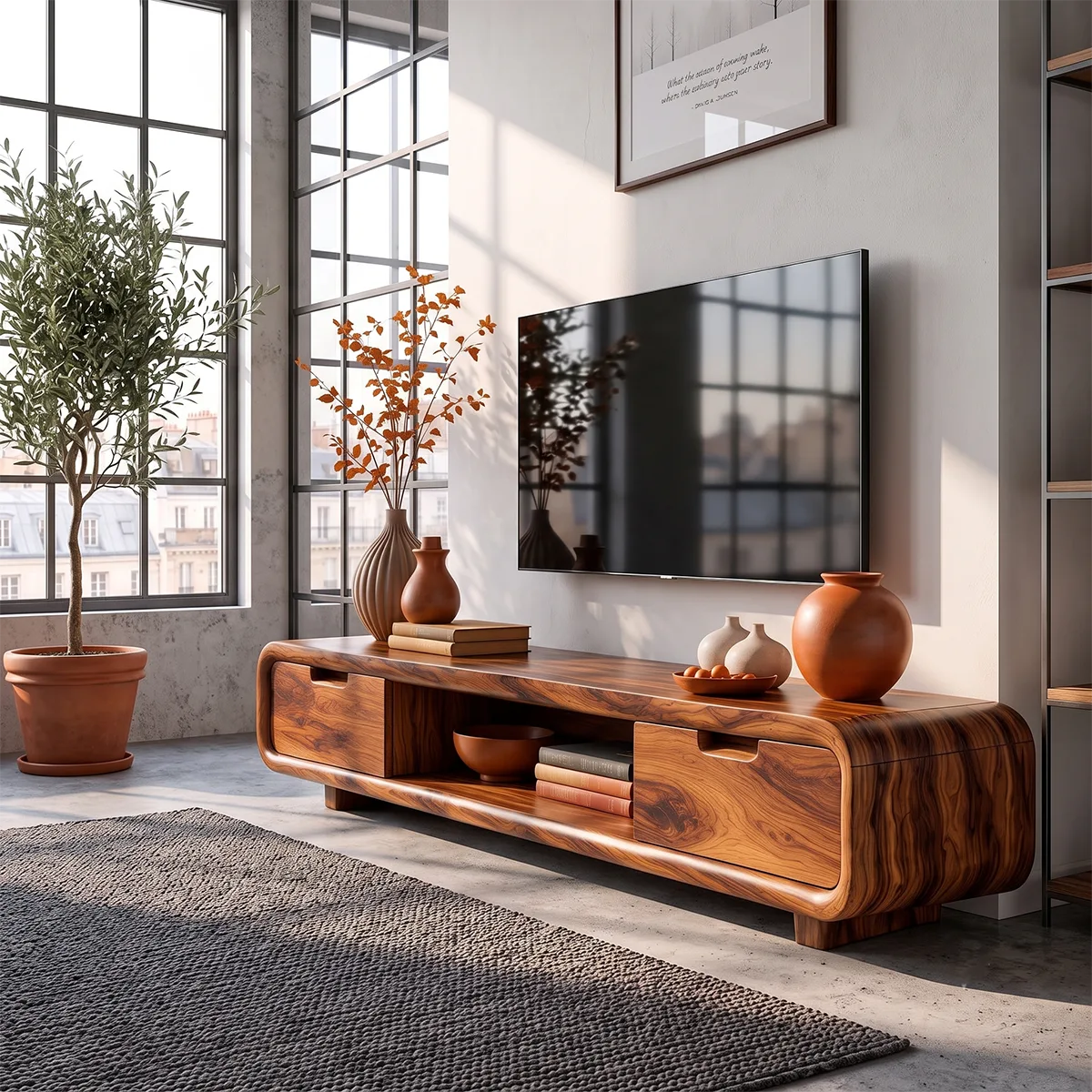 Modern Curved TV Stand with Enclosed Storage & Open Media Shelves TT006-2ORA2EF