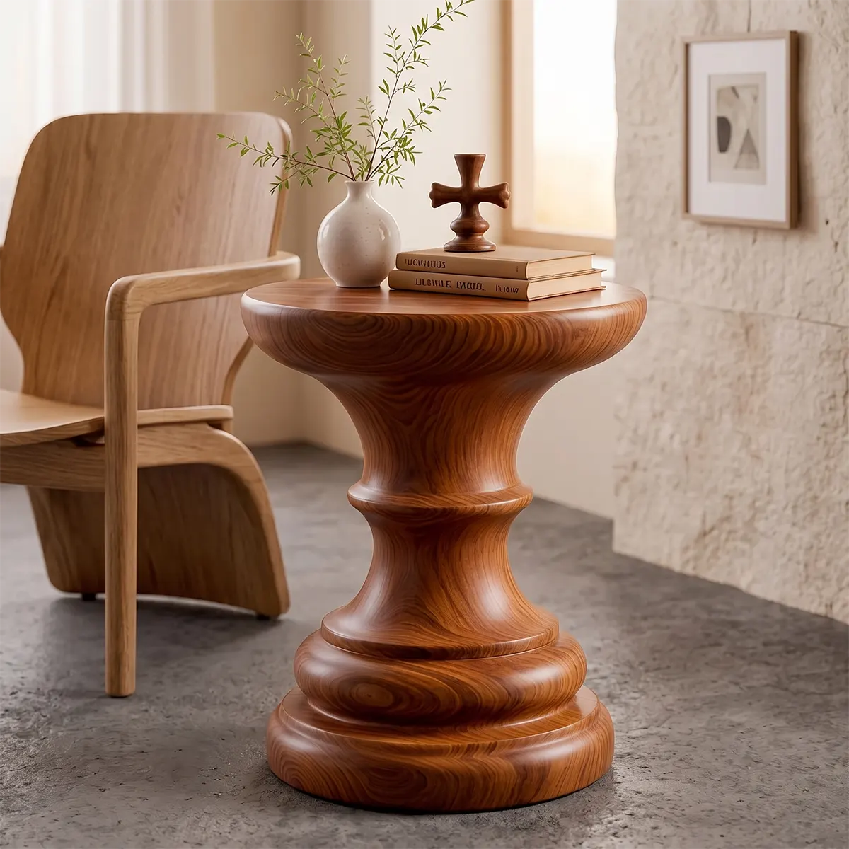 Sculptural Turned Wood Pedestal End Table | Round Statement Side Table TT006-1IPZ4IE