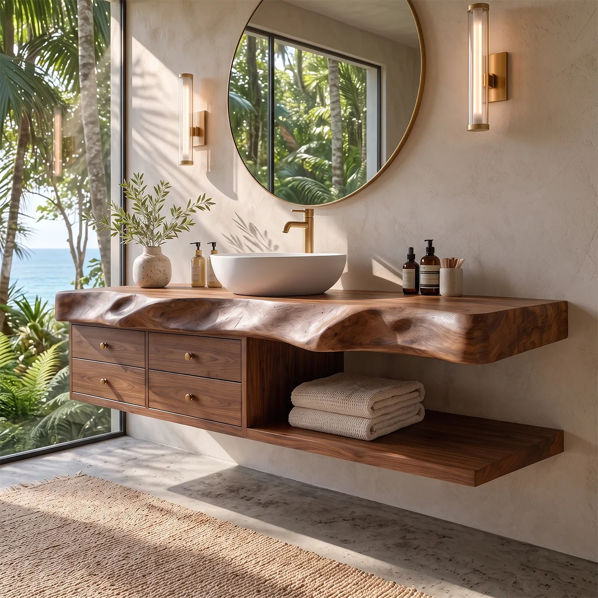 Organic Bathroom Vanity with 4 Drawers & Open Shelf | Freeform Edge Vanity Cabinet TT006-9HXZ1BE