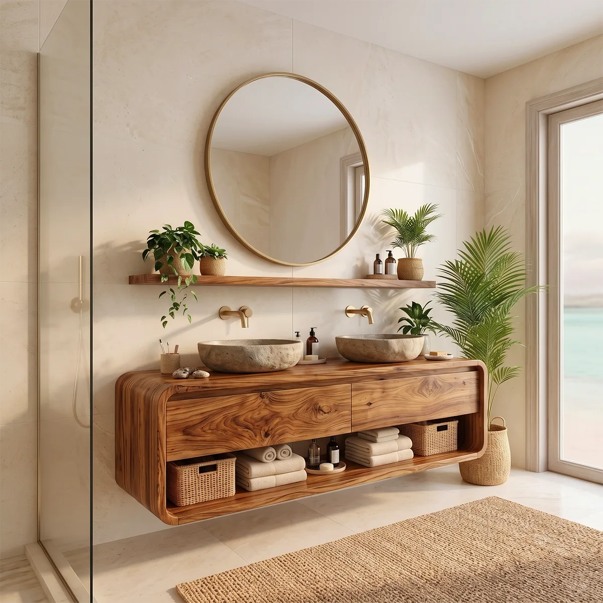 Floating Double Bathroom Vanity with 2 Drawers & Open Shelf | Rounded Organic Modern Design TT006-7NDV5OI