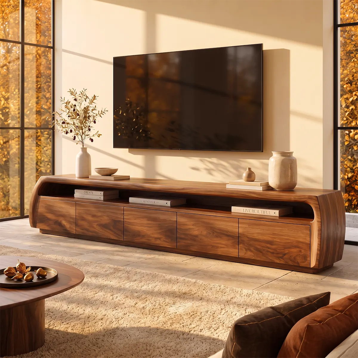 Modern TV Stand with 5 Enclosed Storage Compartments & Open Shelf | Curved Media Console TT006-2HKN9KV