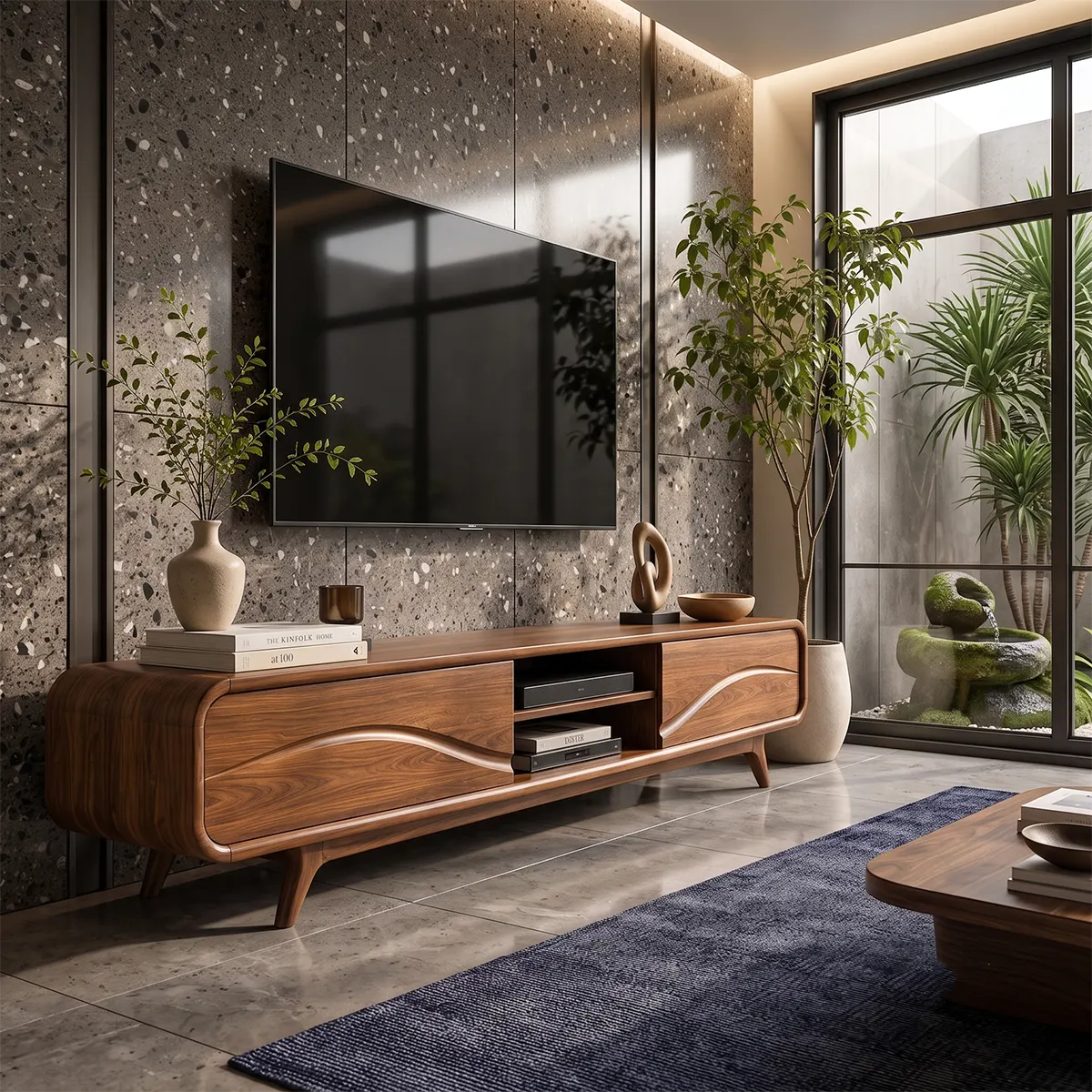 Modern TV Stand with 2 Open Shelves & Enclosed Storage | Sculptural Wave Media Console TT006-7PJS6KB