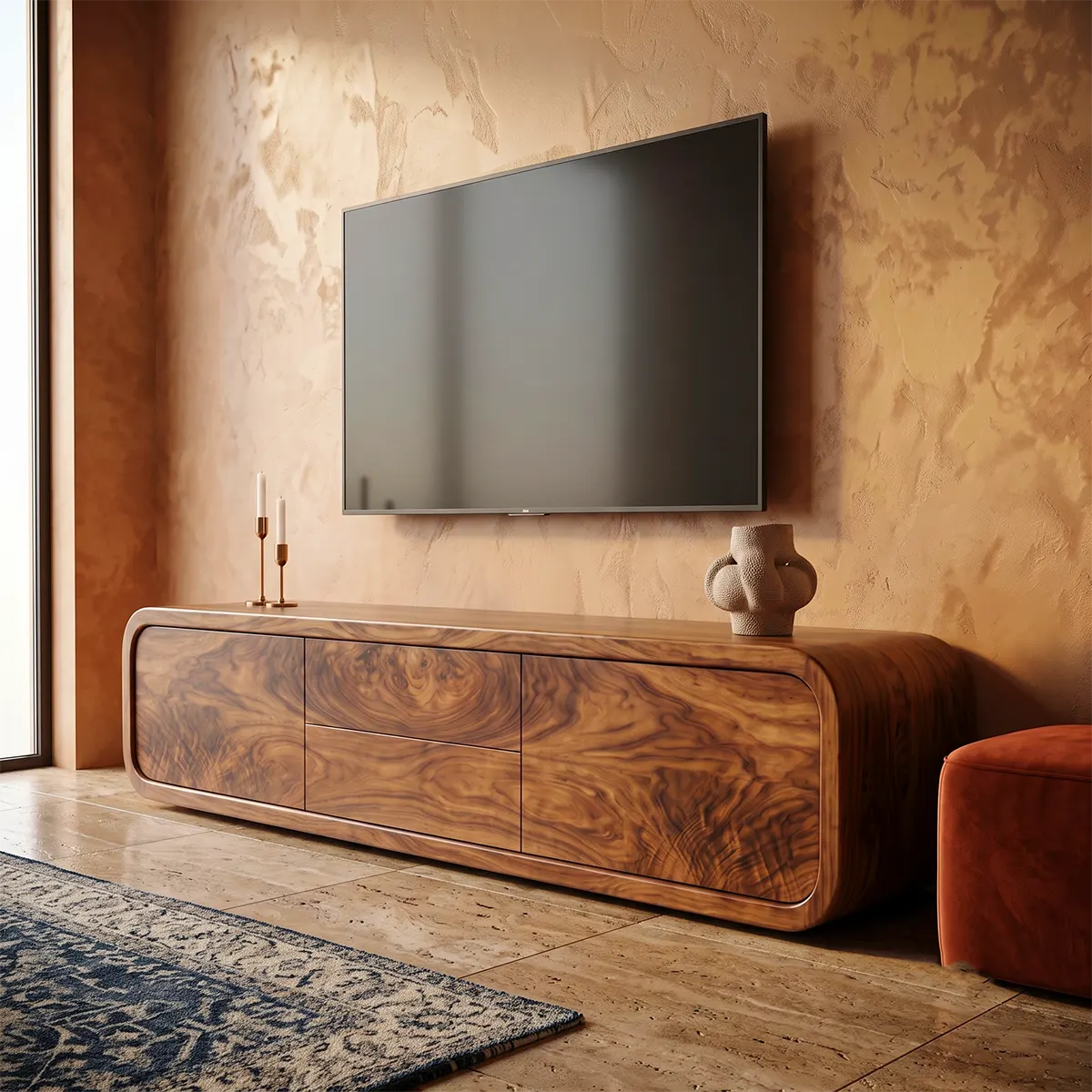Modern TV Stand with 2 Drawers & 2 Cabinets | Rounded Organic Media Console TT006-6FSA9CR