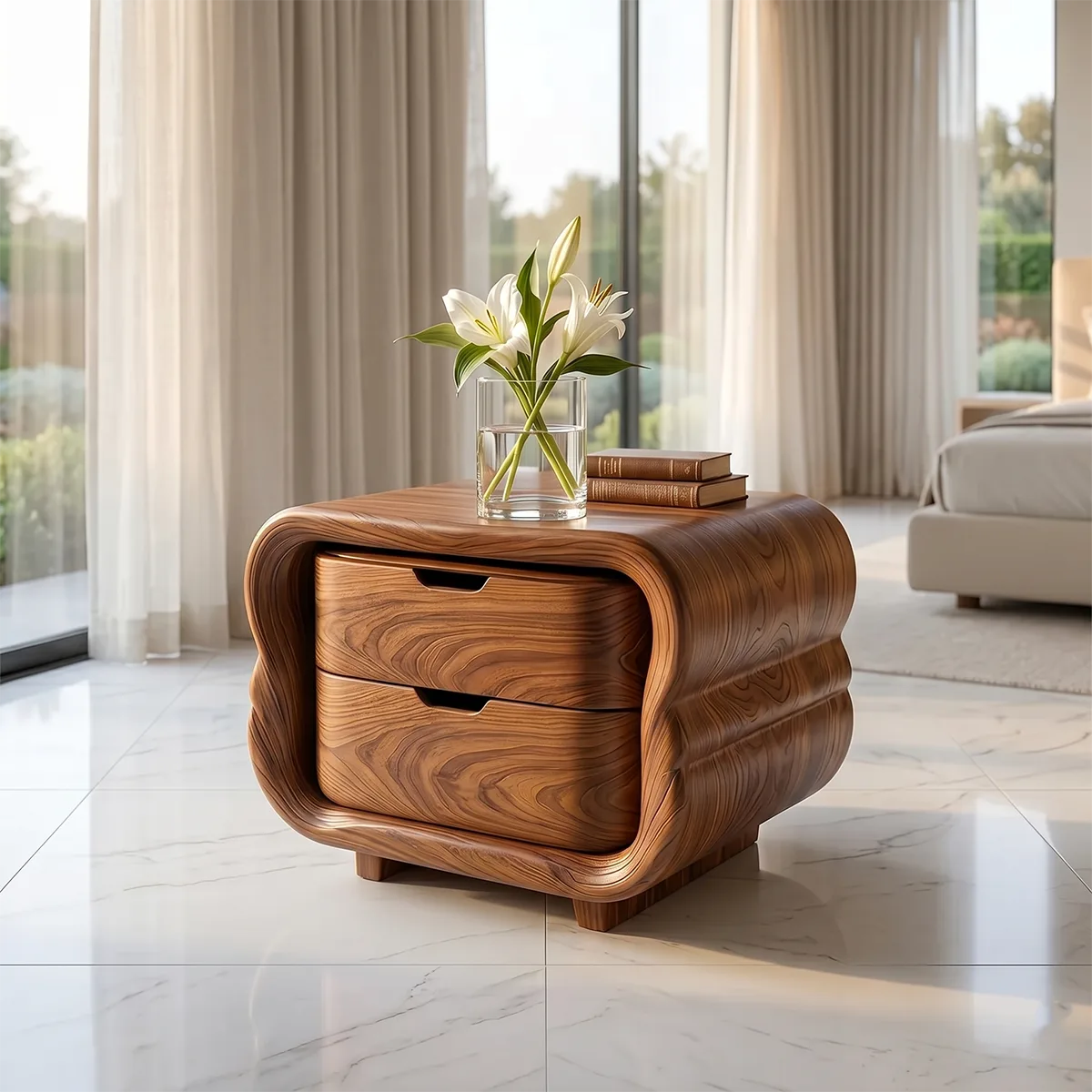 Modern Curved Nightstand | Sculptural 2 Drawer Bedside Table TH003-3504