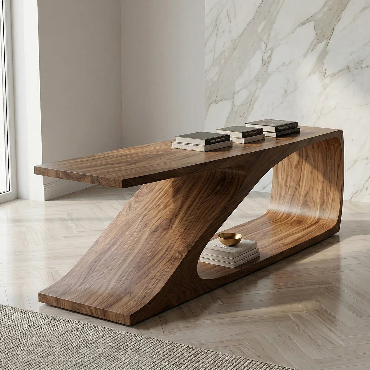 Solid Wood Sofa Console Table with Sculptural Curved Shelf Base