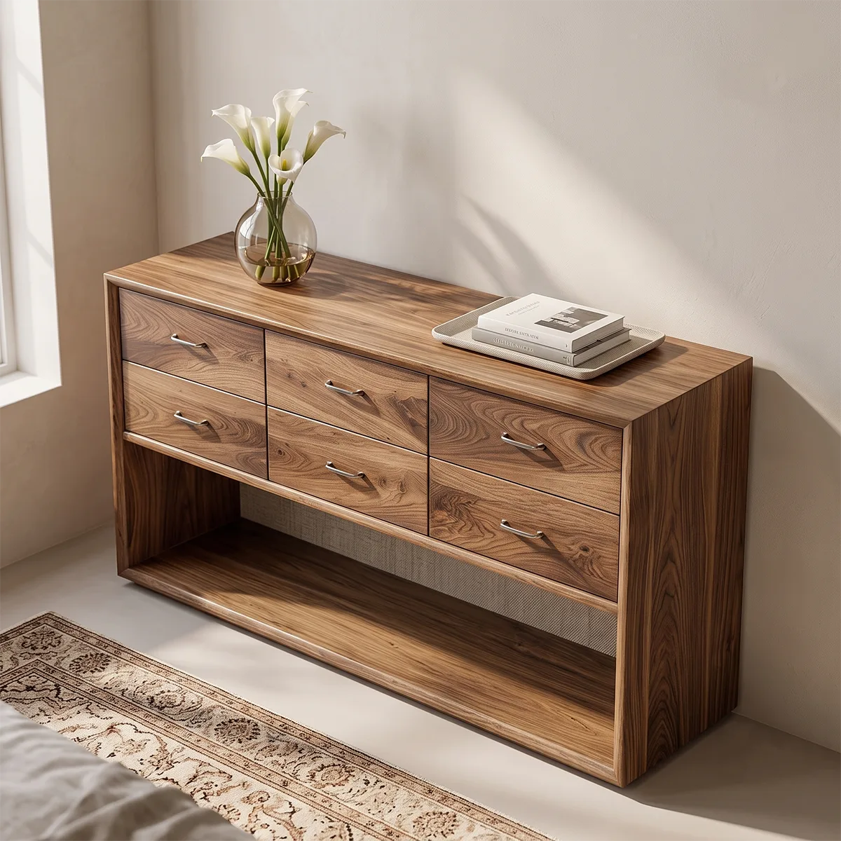 Modern 6 Drawer Console Table with Open Shelf – Minimalist Entryway Storage Cabinet TH003-9381