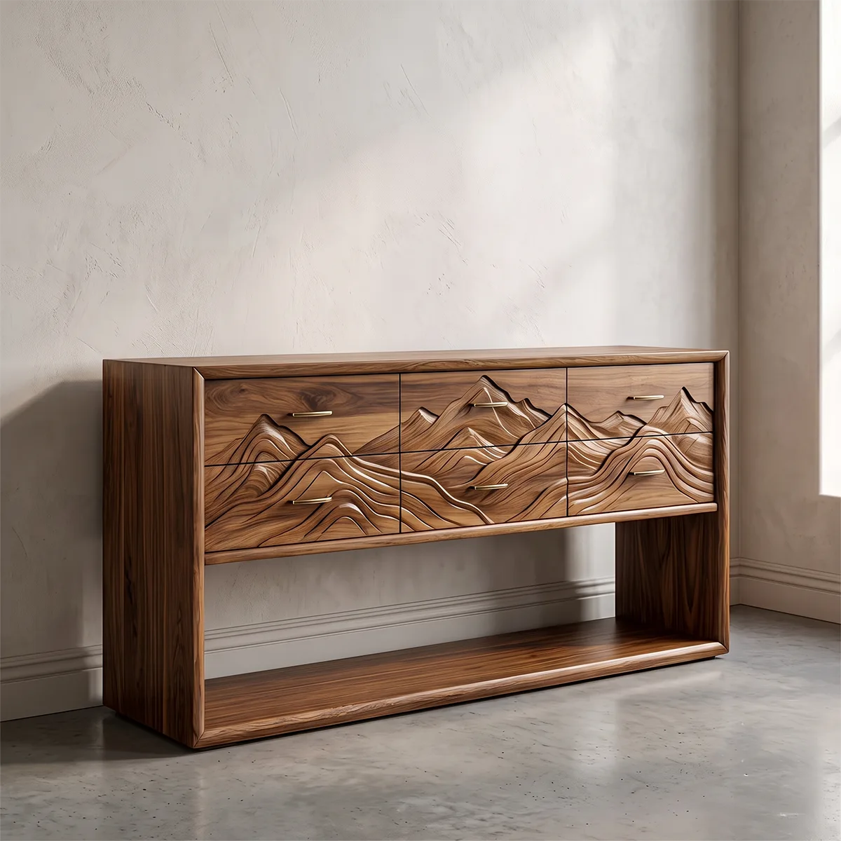 Modern Mountain Carved 6 Drawer Console Table with Open Shelf – Artistic Entryway Storage Cabinet TH003-2149